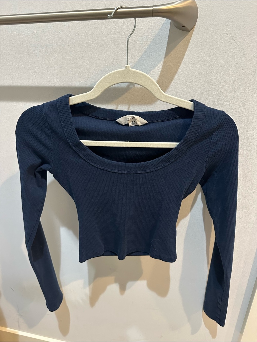 Glassons Navy Ribbed Scoop-Neck Long Sleeve Crop Top